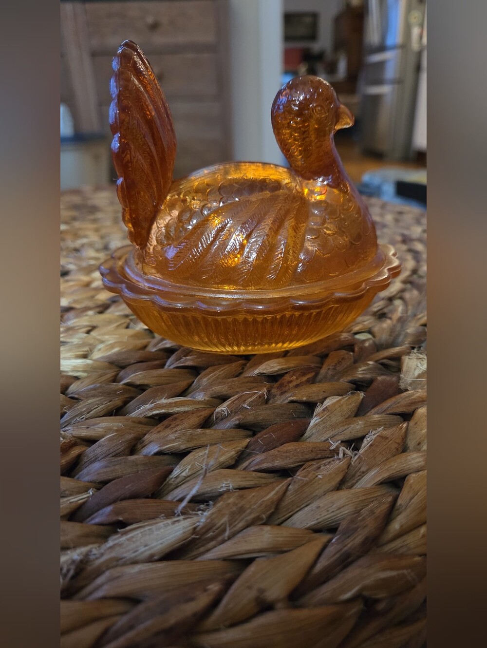 Vintage Glass Turkey Sitting On Top Of Scalloped Edge Dish.
